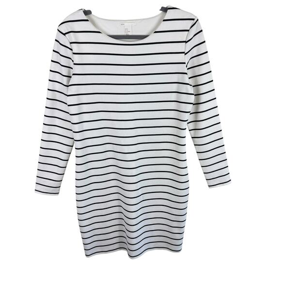 H & M Basic Black White Striped 3/4 Sleeve Pullover Knit Above Knee Dress Size M - Picture 1 of 6